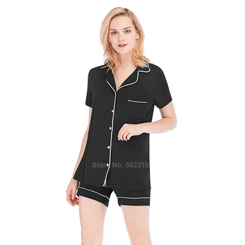 Modal Bomull Mjuk Sleepwear Set för Kvinnor Krage Notch Palm Leaf Ren Färg Kort Lång Ärm Enda Breasted Lounge Pyjamas PJs