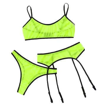 Mode 3st Sexiga Gröna Underkläder i Spets Trådlöst Bh, Stringtrosor Strumpeband Set Sexiga Krok Underkläder Underkläder 2021 alla Hjärtans Dag Present