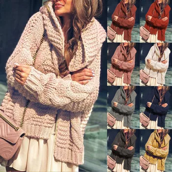 Mode för Kvinnor Fast långärmad tröja Hooded Casual Sticka Upp Cardigan i Ull Tröja chaqueta punto mujer invierno 2020 E1