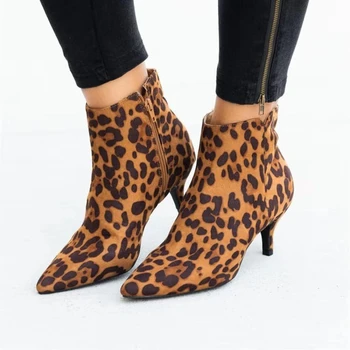 Mode för Kvinnor Våren Stövlar Plus Size PU Sexiga Leopard Tryckt Dragkedja Kvinnliga Boots Spetsig Tå Låg Tunna Klackar