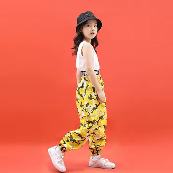 Mode, Hip Hop Kläder som för Tonårsflickor Barn är Sport som Passar Streetwear Vest Gul kamouflage Byxor Dans Kläder