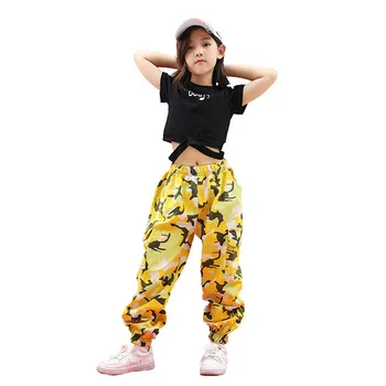 Mode, Hip Hop Kläder som för Tonårsflickor Barn är Sport som Passar Streetwear Vest Gul kamouflage Byxor Dans Kläder
