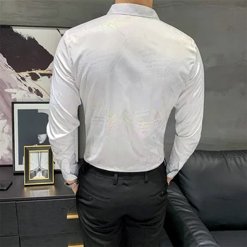 Mode koreanska Slim Fit Färgglada Tryck Shirt för Män klädmärke Ny Höst Hela Matchen Lång Ärm för Herrar Prom Tuxedo Klä 3XL