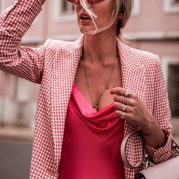 Mode Kvinnor rosa rutiga kavaj passar 2019 office ladies eleganta skårad krage jackor lång ärm jackor flickor passar set chic
