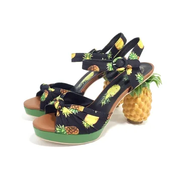 Mode nyhet ananas hälen söta pumpar sexig öppen tå läder sandaler kvinnor party datum skor plattform rosa skor flickor sandal