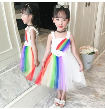 Mode rainbow spets klänning flickor elegant av axel Födelsedagsfest Barn Klänningar moln mesh barn vestido gxj