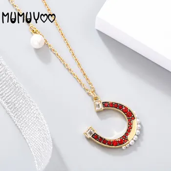 Mode smycken av hög kvalitet SWA glamour crystal horseshoe krage kedja röd U-formad pärla kvinnors halsband.