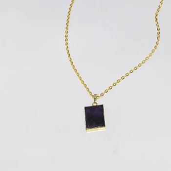 Mode Smycken Lila Naturlig Quartz Crystal guld punkt hänge flicka halsband pärla sten rektangel hänge kedja halsband kvinnor