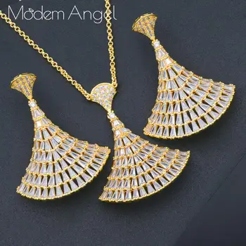 ModemAngel Lyx fan form Micro Zirkonium Halsband Örhänge Smycken Uppsättningar För Kvinnor Bröllop Indiska Dubai Brudkläder Smycken Set