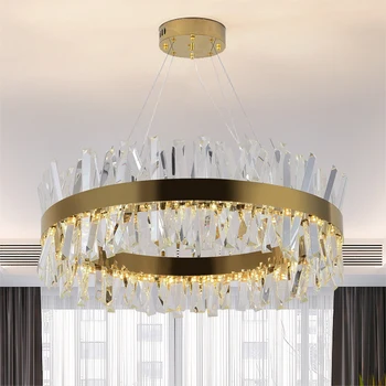 Modern kristallkrona för vardagsrum lyx LED cristal lampa runda guld/krom polerad stål hänga armatur