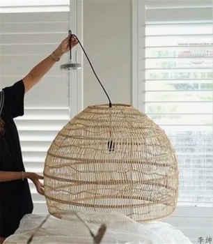 Moderna Hand-vävd Bambu LED Taklampa Vintage Vardagsrum Hängande Lampor för Hem Inredning Industriell Belysning