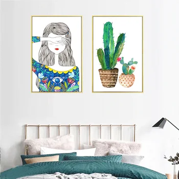 Moderna Liten Flicka Blommig Kaktus Flickor Room Decor Tryck på Duk Målningar Wall Art Bilder POP Affisch barnrum heminredning