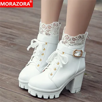MORAZORA 2020 Nya ankel stövlar för kvinnor lace spänne rund tå vit kvadrat höga klackar plattform stövlar kvinnor mode skor