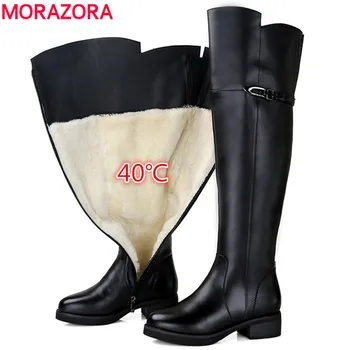 MORAZORA 2020 Snö stövlar kvinnor äkta läder lår tjocka päls naturliga ull vinter stövlar med rund tå mode över knä stövlar