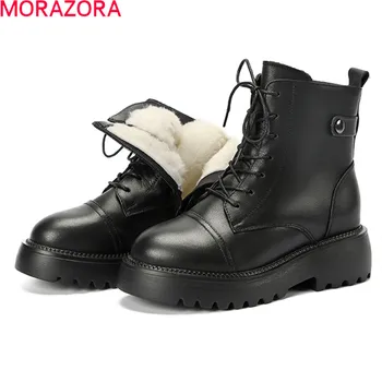MORAZORA 2021 Full av äkta läder stövlar square högklackat rund tå hålla sig varm damer skor mode nature wool boots