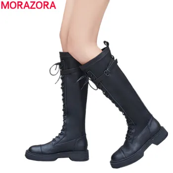 MORAZORA 2021 Nya mode sträcka knähöga stövlar kvinnor lace spänne höst vinter stövlar dam mc stövlar svarta tossor