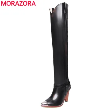 MORAZORA Plus size 34-45 Äkta läder kvinnor stövlar mode botas höga klackar över knä stövlar kvinnliga höst vinter stövlar