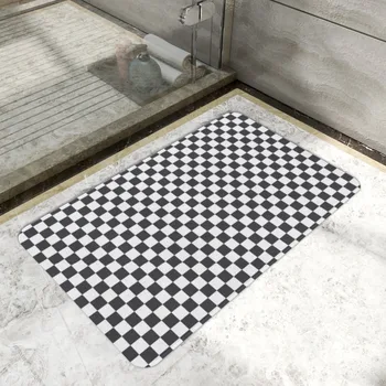 Mosaik Skriva ut Pläd duschdraperier för Badrum Svart och Vit Kvadrat Modern Inredning Vattentät Icke-slip Badrum Matta Matta