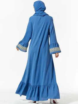 Muslimska Skriva ut Broderier Abaya Klä Kvinnor Dubai Arab Lång Ärm Big Swing Ficka A-line Maxi Dersses Kimono Islamiska Kläder