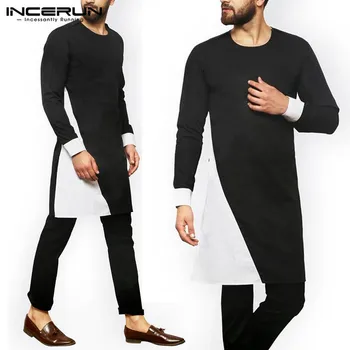 Män Indiska Skjortor Vintage Lapptäcke Lång Ärm Kurtas Fritid 2021 O Nacke Streetwear Mens Muslimska Kaftan Långa Toppar S-5XL INCERUN