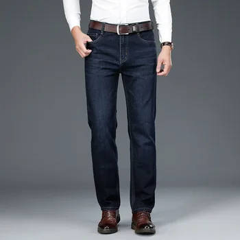 Män Klassisk Business Jeans för Män Våren Vardagligt Slim Straight Jeans Blå Stretch, Plus Size Denim Byxor av Bomull och Denim Byxor 40