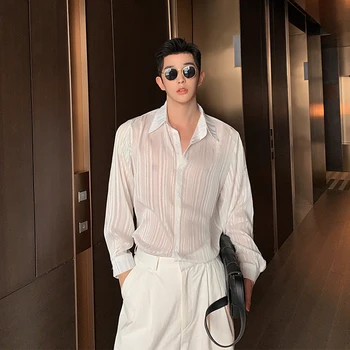 Män Långärmad Genomskinliga Ränder Casual Skjorta Manliga Vintage Mode Vita Skjortor Skede Kläder