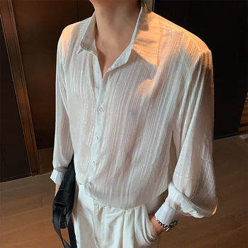 Män Långärmad Genomskinliga Ränder Casual Skjorta Manliga Vintage Mode Vita Skjortor Skede Kläder