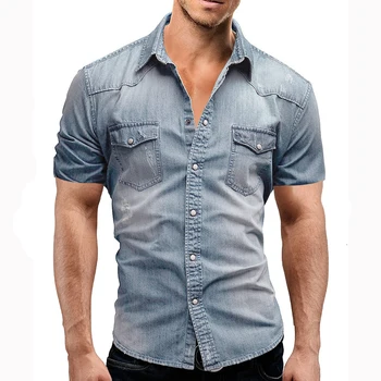 Män Våren Sommaren Tunn Denim Shirt Kort Ärm Mjuk Bomull Två Fickor Smal Liten Elastiska Jeans Cowboy Skjorta Kläder