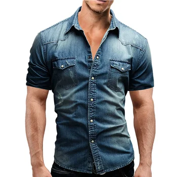 Män Våren Sommaren Tunn Denim Shirt Kort Ärm Mjuk Bomull Två Fickor Smal Liten Elastiska Jeans Cowboy Skjorta Kläder