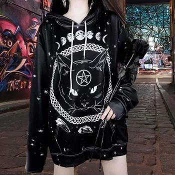 Mörk Natt, Månen Katt Kvinnor Hoodies 3D-Print Långa Ärmar Märke Streetwear Mode Sweatshirts Djur Casual Halloween-Tröja