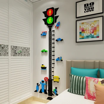 Nordiska akryl 3D höjd klistermärke trafik ljus vägg dekal barnens rum tecknat baby mäter höjd väggdekaler sovrum