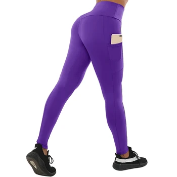 NORMOV Kvinnor Leggings Plus Size Färg med Hög Midja Pocket Legging Fritid Träna Push Up Fitness Legings