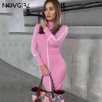 Novgirl 90% Bomull Midi-Dress Kvinnor 2019 Turtleneck Long Sleeve Bodycon Pencil Klänning Vit Rand Lapptäcke Neon Party Vestidos