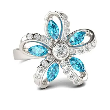 Ny Anlända vigselringar Samling Autentiska Flower Ring för Kvinnor Eller Ljus Blå CZ silver Smycken