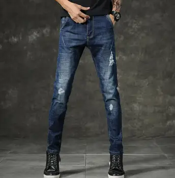Ny Design Populära Mens Fashion Blå Jeans Män Casual Smal Sträcka Långa Byxor