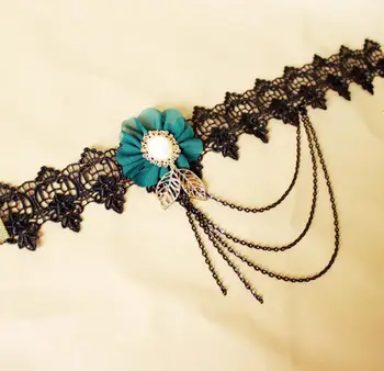 Ny Försäljning Grönt Tyg Blomma med Kedja Tofsar Kvinnors Spets Gothic Choker Halsband