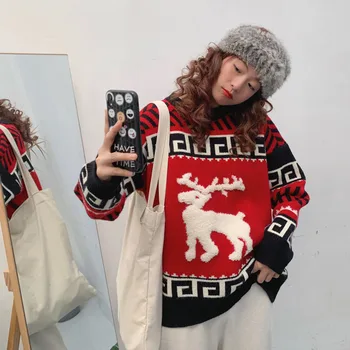 Ny Höst Vinter Tröja Kvinnor Jul Tröja Kvinnor Fawn Tecknat Koreanska Lös Tröja Röd Stickning Tröjor Top Coat Kvinnor