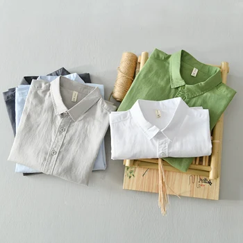 Ny vit skjorta män sommar kort ärm andas linne, bomull, tops solid hög kvalitet mannen kläder Camisa masculina 566