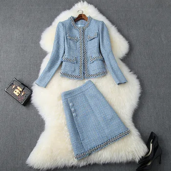 Nya 2019 höst vinter kvinnor formella tweed jacka pärlor beading liten ficka + mini kjol passar tvådelade kläder blå beige