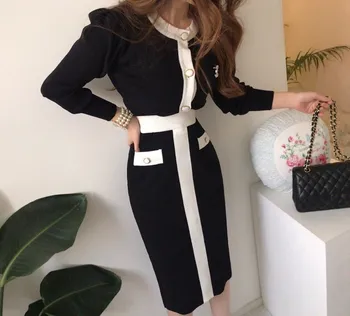 Nya 2020-Korea Elegant Mode Träff Färg Stickad Tröja Topp + Hög Midja Midi-Kjol 2 Stycken Suit