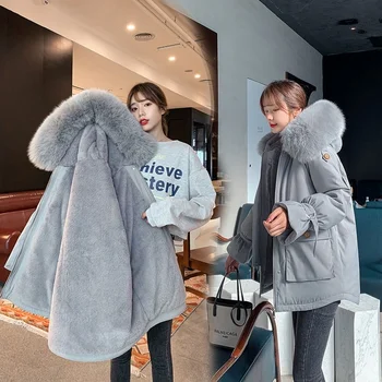 Nya 2021 Vinter Mode Koreansk Stil Grundläggande Jacka Rockar Kvinnor Varma Päls Krage Päls Lös Parkas Kvinnliga Damer Jackor Outwear