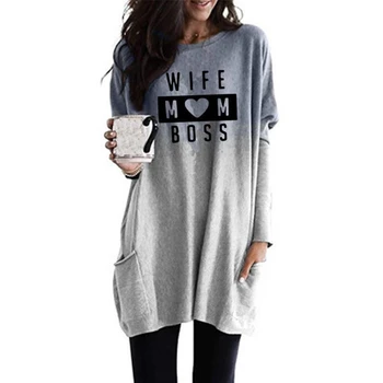 Nya Ankomst Lutning Lång Ärm Ficka T-Shirt T-Shirt För Kvinnor Frun Mom Boss Brev Ut Tshirt Toppar Kvinnor Plus-Storlek