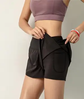 Nya damer hög midja 2-i-1 sida pocket kör shorts andas snabbtorkande damer kort träningspass fitness sportkläder
