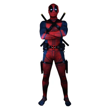 Nya Deadpool 2 Costume Vuxen Man Lycra Spandex Zentai Body Jumpsuits Halloween och Cosplay Kostym Bälte Huvudbonad Mask Svärd hölster