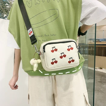 Nya HOT Cherry Broderier Canvas Väska klädmärket Ins koreanska Versionen Vilda Messenger Bag Kvinnlig Student Sommaren Cool Väska Söt