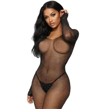 Nya Hot Sexy Black Body Kvinnor Se-Genom Mesh-Bodycon Kroppens Transparent Kropp Femme Utekväll Sommar Fest Bodysuits Lady