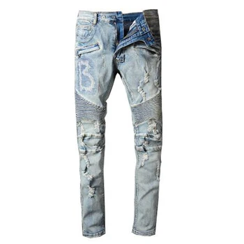 Nya Män manliga vintage ljus blå hål slet biker jeans för motorcykel Casual veckade slits stretch denim slim pants byxor