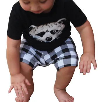 Nya sommar barns passa pojke fox huvud rutiga, randiga T-shirt passar casual mode sport barnkläder tecknat söt set