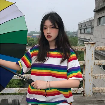 Nya Sommar Korea ulzzang Harajuku bf vinden lös rainbow stripes INS kort-sleeved T-shirt söt kvinnlig par O-Neck t-shirt