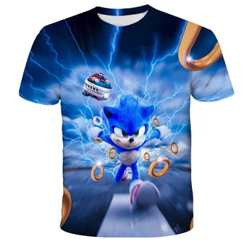 Nya Sommar Pojkar Tecknat Sonic hedgehog t-shirt Blå 3D-Utskrivna Flickor Streetwear Barn Barn Kläder Baby Rolig Tshirt O-Neck